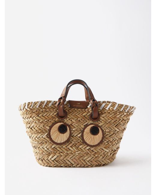 Anya Hindmarch Paper Eyes Small Raffia Basket Bag in Beige (Natural