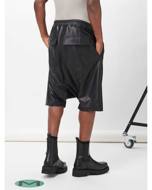 Rick Owens Black Pod's Drawstring Leather Shorts for men