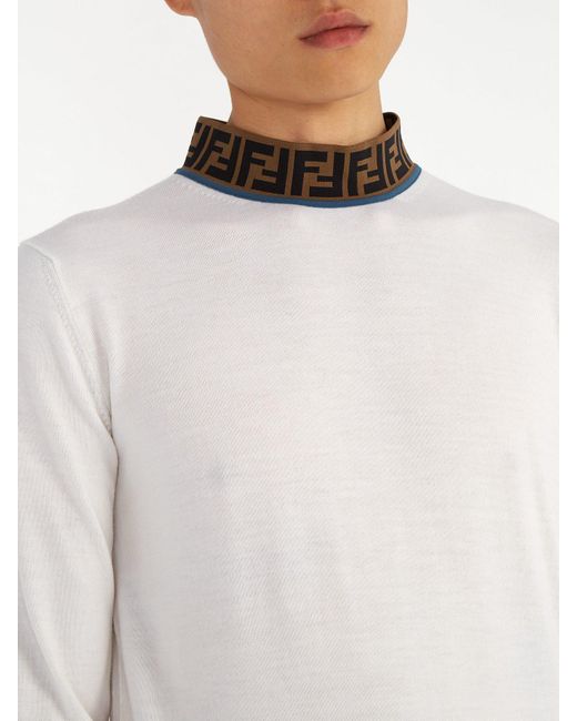 Fendi Ff Logo jacquard High neck Wool blend Sweater in White for
