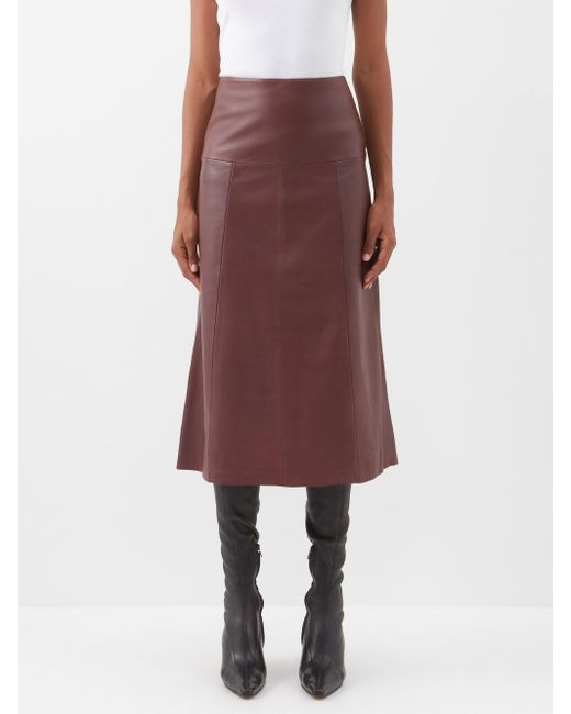 Cefinn The Tianna Panelled Leather Midi Skirt in Burgundy (Red) | Lyst