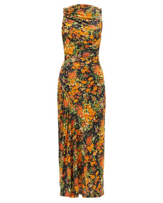 Atlein Ruched Floral-print Stretch-crepe Dress in Orange | Lyst Canada