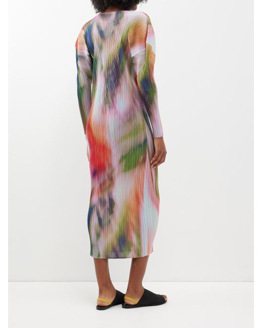 Pleats Please Issey Miyake White Abstract-print Technical-pleated Midi Dress