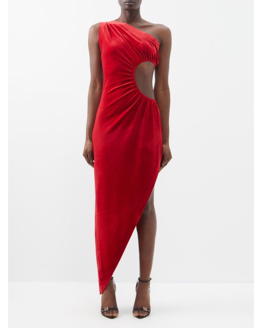 Norma Kamali Sunburst One-shoulder Cutout Velvet Dress in Red | Lyst