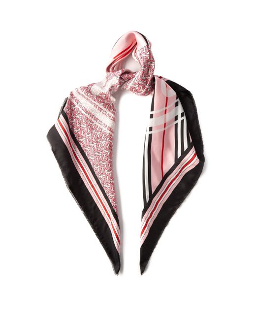 Burberry Tb-monogram And Striped Silk-twill Scarf in Pink | Lyst UK