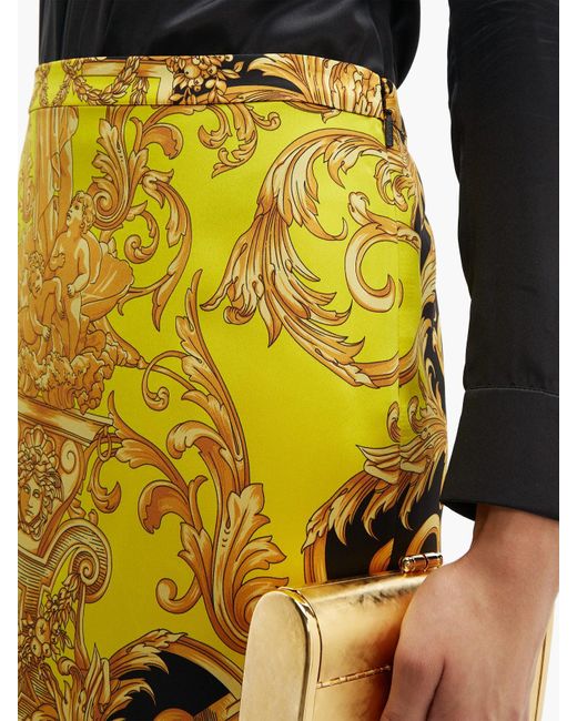 Versace Lace-trimmed Baroque-print Silk Pencil Skirt in Black Yellow ...