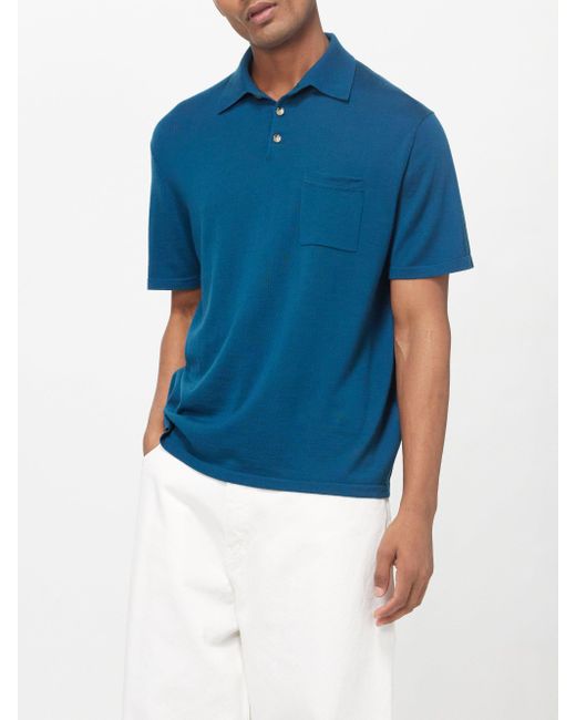 Allude Blue Knitted Wool Polo Shirt for men