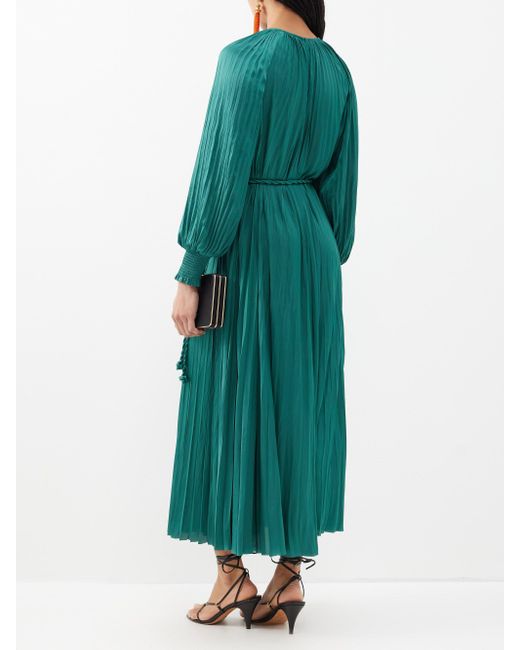 Ulla Johnson Zora Plissé-satin Midi Dress in Green | Lyst