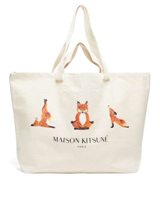 Maison Kitsuné Yoga Fox-print Cotton-canvas Tote Bag in Natural for Men ...