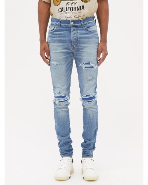 Amiri Mx1 Suede-inset Distressed Skinny Jeans in Indigo (Blue) for Men ...