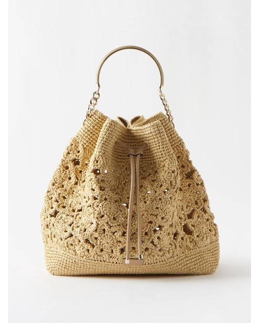 Jimmy Choo Bon Bon Floral Crochet-raffia Bucket Bag in Natural | Lyst UK