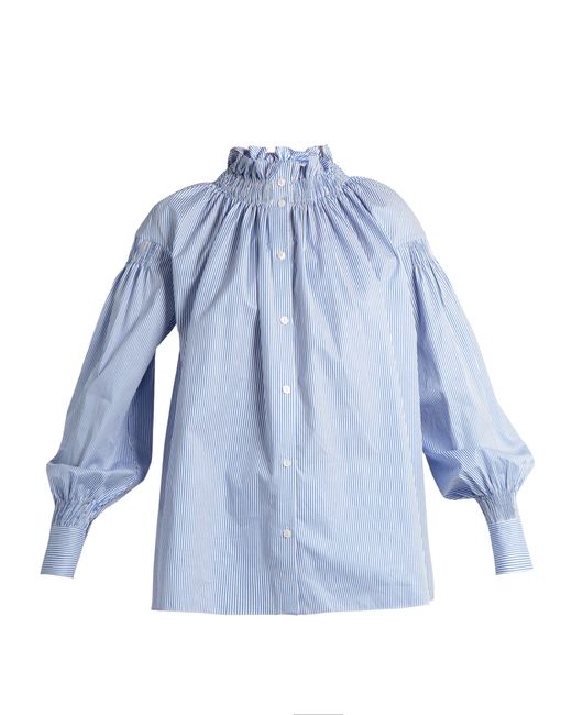 Teija High-neck Smocked Striped Cotton Shirt in Blue | Lyst Canada