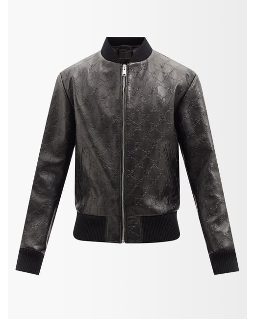 Gucci GG-embossed Leather Bomber Jacket in Gray for Men | Lyst