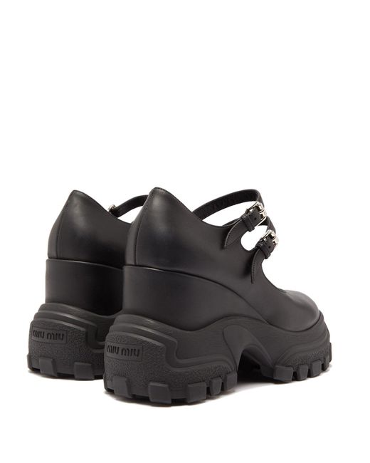 Miu Miu Exaggerated-sole Mary Jane Leather Wedges in Black | Lyst