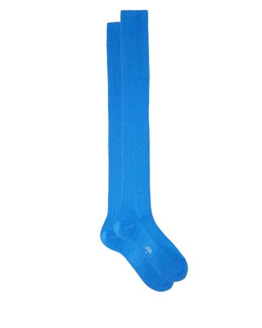 Charvet Blue Long Ribbed Cotton Socks for men