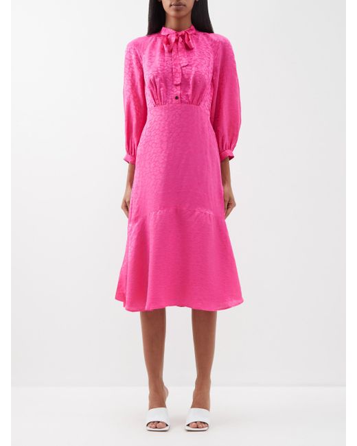 Cefinn Daria Pussybow Jaquard Midi Dress in Pink | Lyst