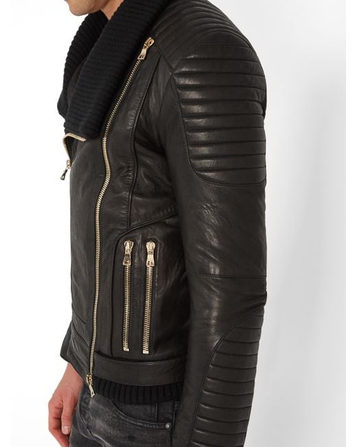 Balmain Ribbed-knit Collar Leather Jacket in Black for Men