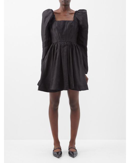 Aje. Fleur Puff-sleeve Linen-blend Mini Dress in Black | Lyst