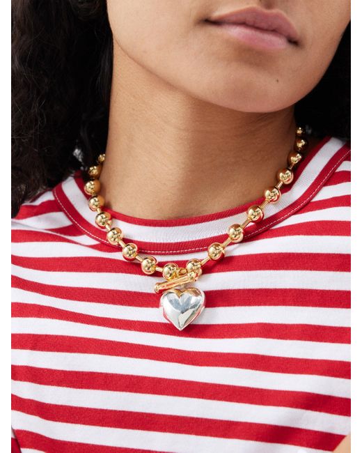 Timeless Pearly Red Puff Heart 24kt Gold & White Gold-plated Necklace