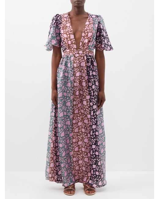 Hannah Artwear Suri Shiva-print Plunge-neck Silk Maxi Dress in Pink