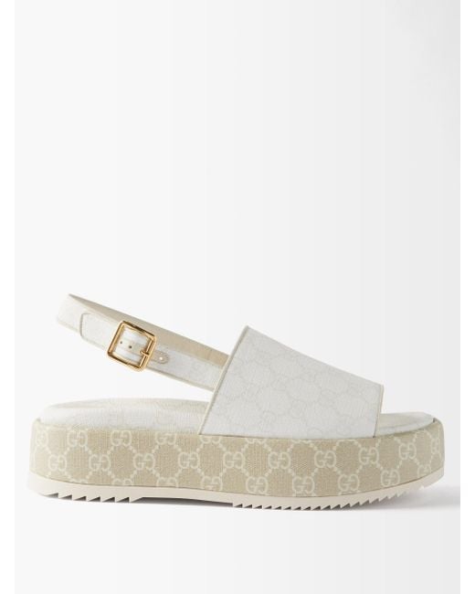 Gucci Canvas Angelina Gg-jacquard Flatform Sandals in White Print ...