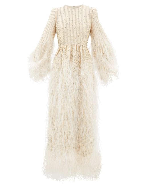 Valentino Feather-trimmed Beaded Wool-blend Gown | Lyst