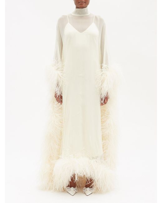 ‎Taller Marmo Casta Diva Spirito Feather-trimmed Silk Dress in White | Lyst