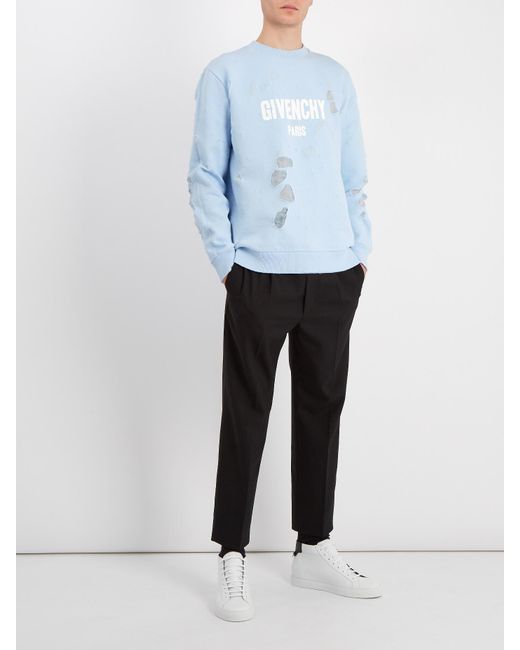 Givenchy Destroyed Logo Crew neck Cotton Sweatshirt in Blue for