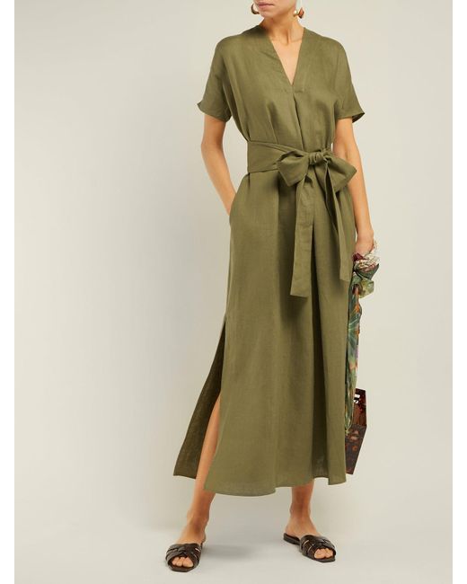 Lisa Marie Fernandez Rosetta V-neck Linen Midi Dress in Khaki (Green ...