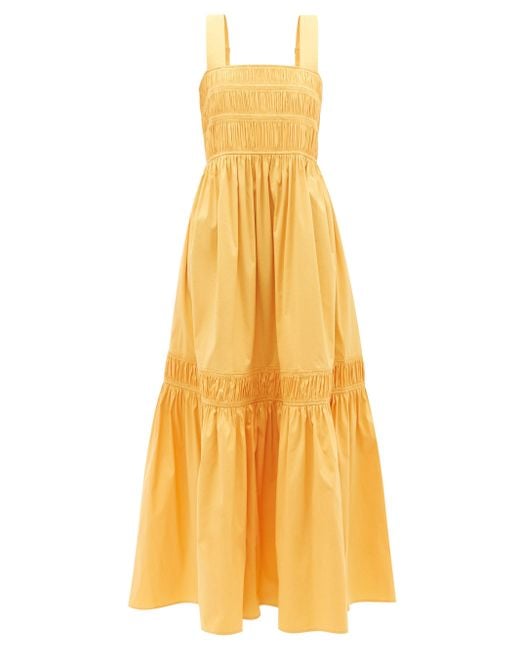 Lee Mathews Elsie Apron Shirred Cotton-blend Maxi Dress in Orange - Lyst