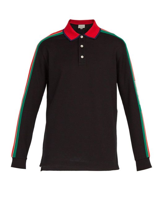 Gucci Logo Stripe Long Sleeved Cotton Blend Polo Shirt in Black for Men ...