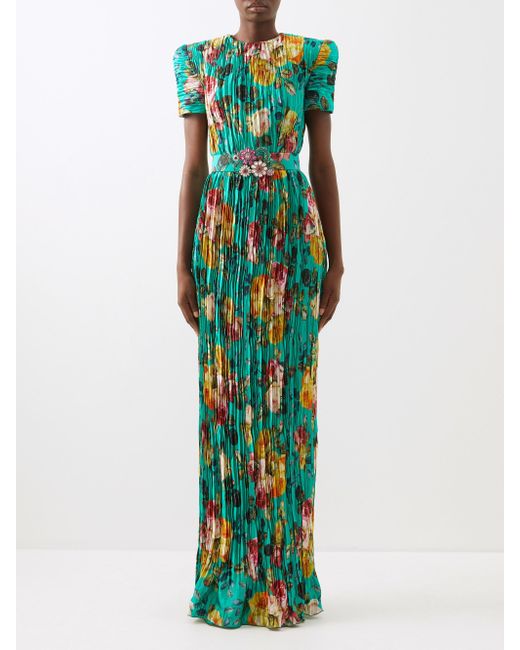 Andrew Gn Green Floral-print Pleated Silk-satin Gown