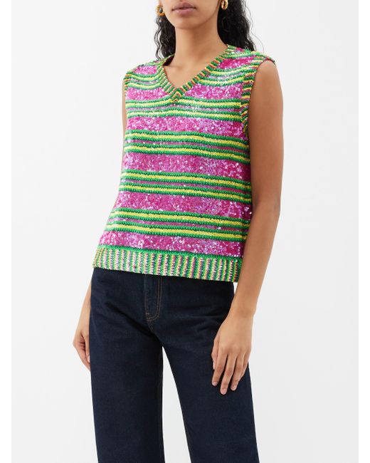 Ashish Green Striped Sequinned Georgette Tank Top