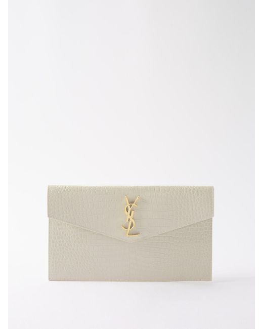 Saint Laurent Ysl-logo Croc-effect Leather Clutch Bag in White | Lyst