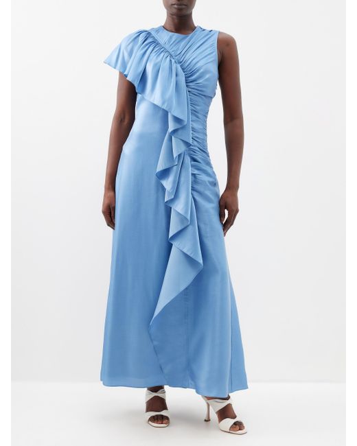 Ulla Johnson Lali Ruffled Satin Dress in Blue | Lyst