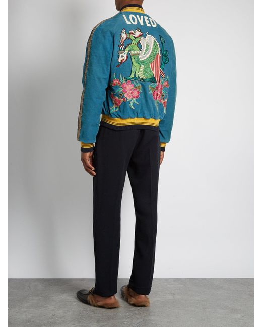 Gucci Dragon Embroidered Corduroy Bomber Jacket in Blue for Men - Lyst