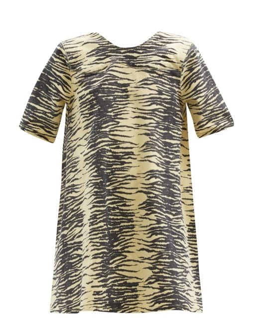 Ganni Zebra-print Organic Cotton-blend Denim Mini Dress in Yellow | Lyst