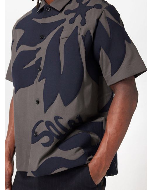 Sacai Blue Floral-appliqué Barathea Shirt for men