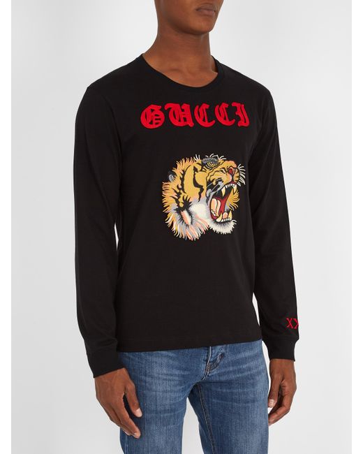 Gucci Tiger-appliqué Long-sleeved Cotton T-shirt in Black for Men | Lyst  Canada