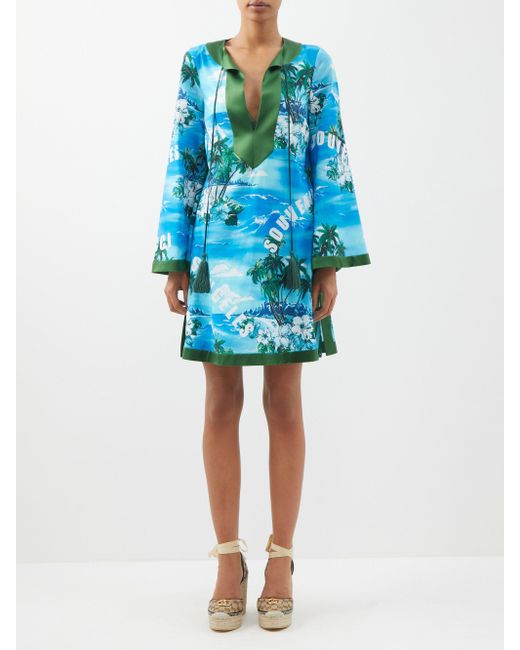 Gucci Hawaiian-print Cotton-poplin Mini Kaftan Dress in Blue | Lyst UK