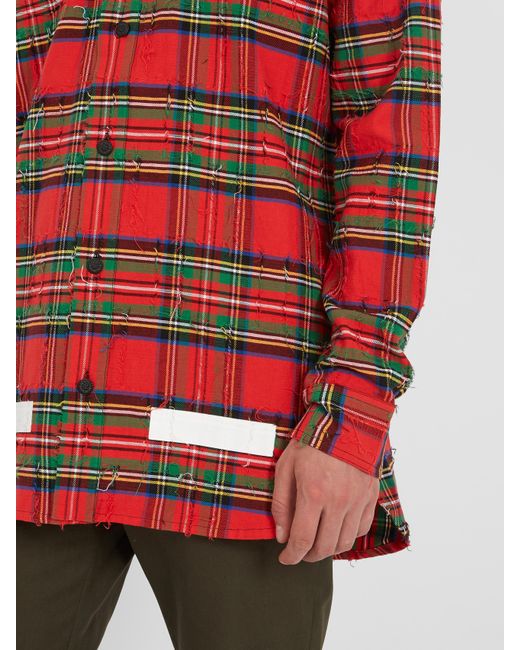 Off-White c/o Virgil Abloh Tartan Distressed Cotton Shirt in Red