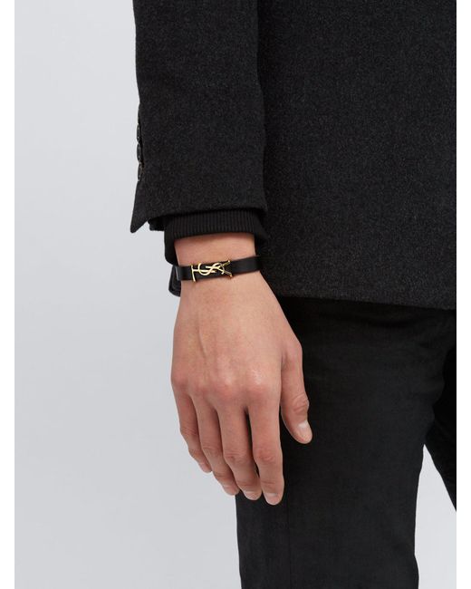 Saint Laurent Black Ysl Monogram Plaque Leather Bracelet for men