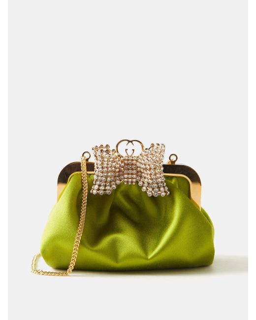 Gucci Crystal-embellished Bow Satin Clutch Bag in Green | Lyst