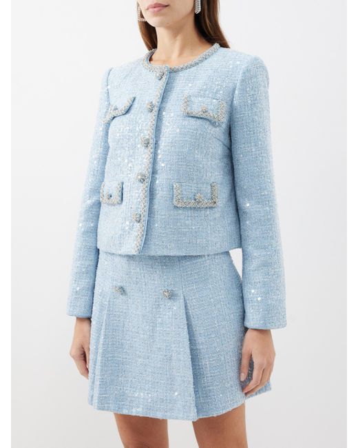 SelfPortrait Sequinned Bouclétweed Jacket in Blue Lyst