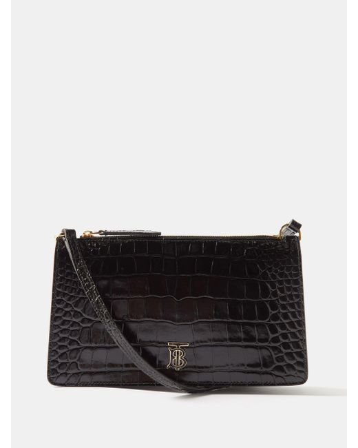 Burberry Tb-monogram Croc-effect Leather Shoulder Bag in Black | Lyst