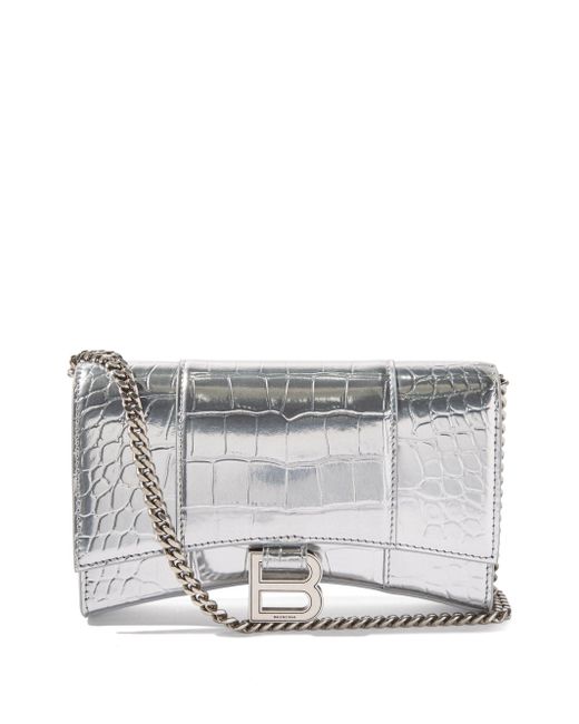 Balenciaga Hourglass Crocodile-effect Leather Cross-body Bag in Silver ...