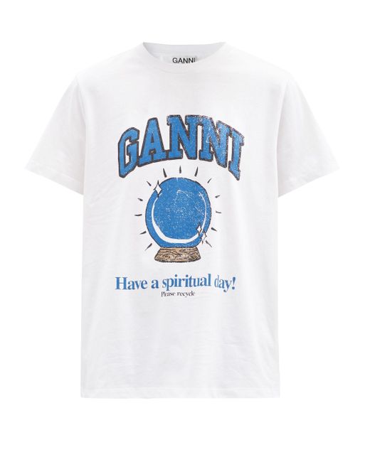 Ganni Print Cotton-jersey T-shirt in Blue