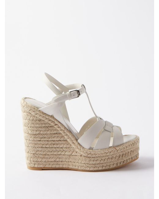 Saint Laurent Tribute Leather Wedge Espadrilles in White | Lyst