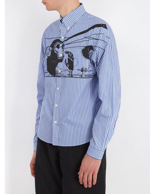 Prada Monkey-print Striped Cotton Shirt in Blue for Men | Lyst