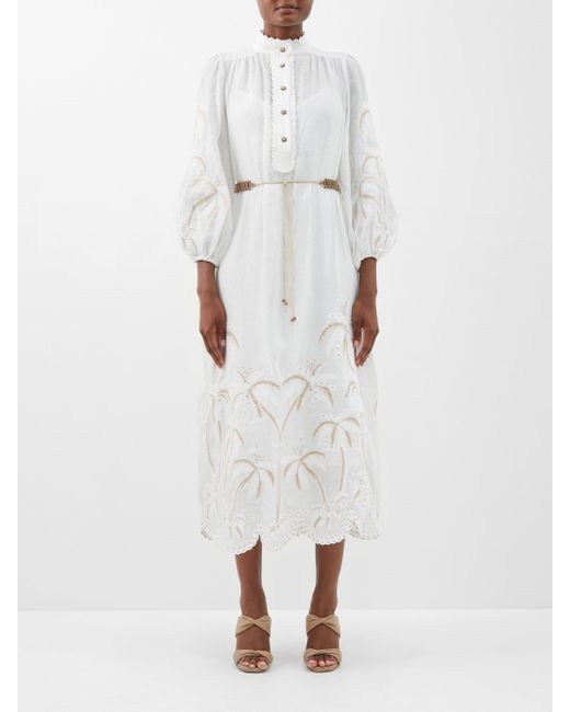 Zimmermann Palm-embroidered Voile Midi Dress in Ivory (White) | Lyst