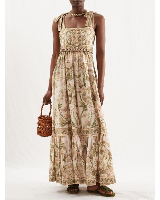 Zimmermann Beaded Tropical-print Linen Dress | Lyst